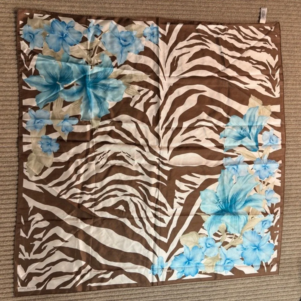 Adrienne Landau Studio Silk Scarf Zebra Floral Print Brown Blue Square 34in